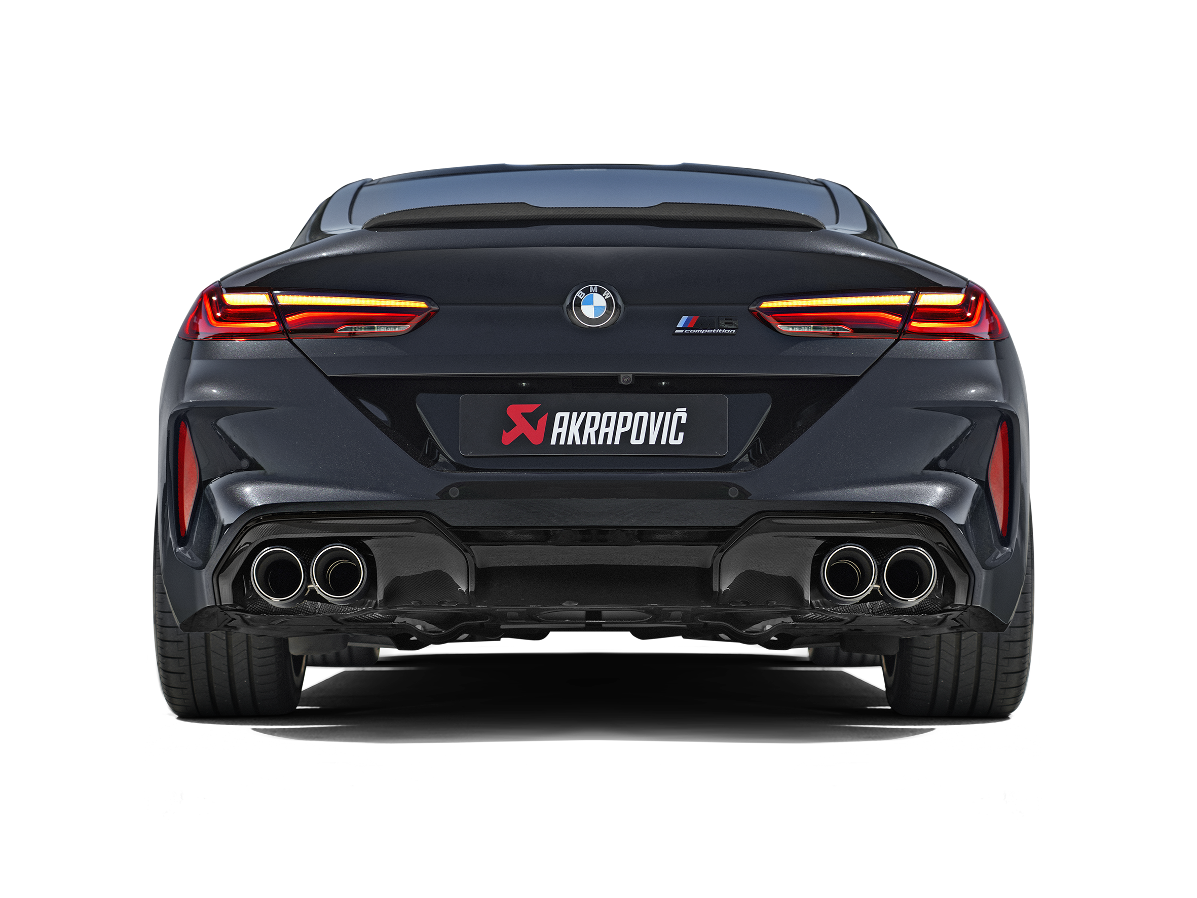 Akrapovic - 2021 BMW M8/M8 Competition (F91/F92) Evolution Line Cat Back (Titanium) w/Carbon Tips installed rear view on BOLTMotorsports