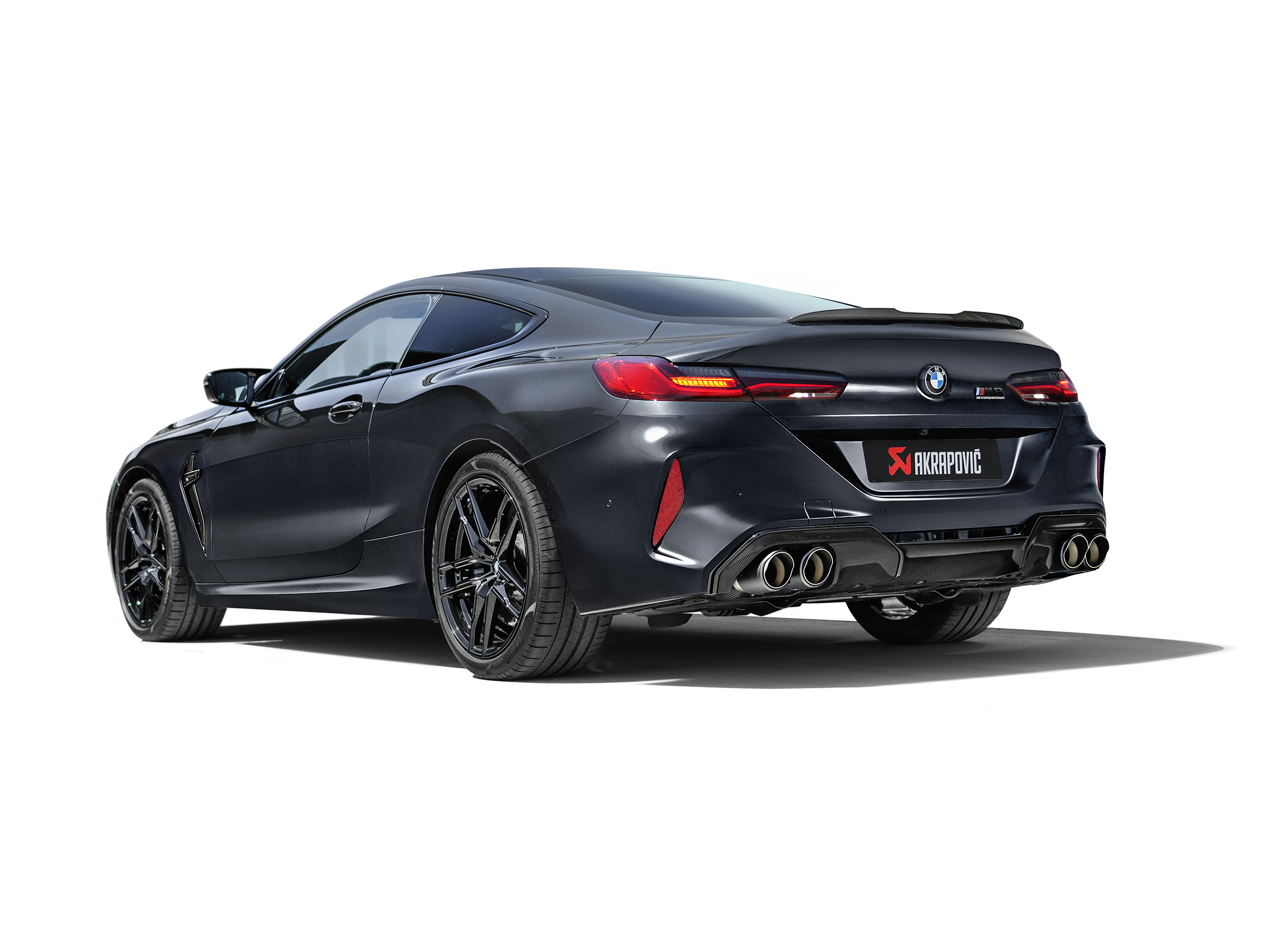 Akrapovic - 2021 BMW M8/M8 Competition (F91/F92) Evolution Line Cat Back (Titanium) w/Carbon Tips installed side view on BOLTMotorsports