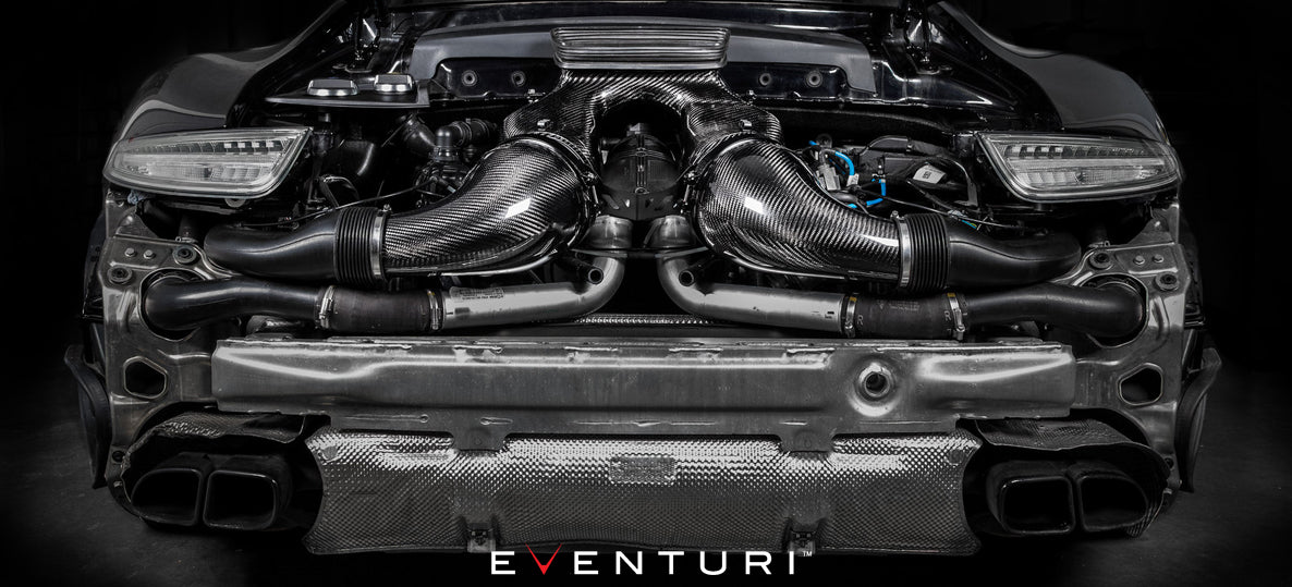Eventuri - 991 / 991.2 Turbo Black Carbon Intake inside engine bay front view on Bolt Motorsports