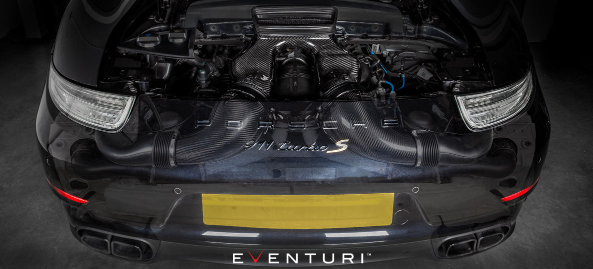 Eventuri - 991 / 991.2 Turbo Black Carbon Intake inside engine bay full view on Bolt Motorsports