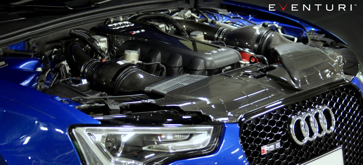 Eventuri - B8 RS4 RS5 Black Carbon Intake inside engine bay left view on Bolt Motorsports