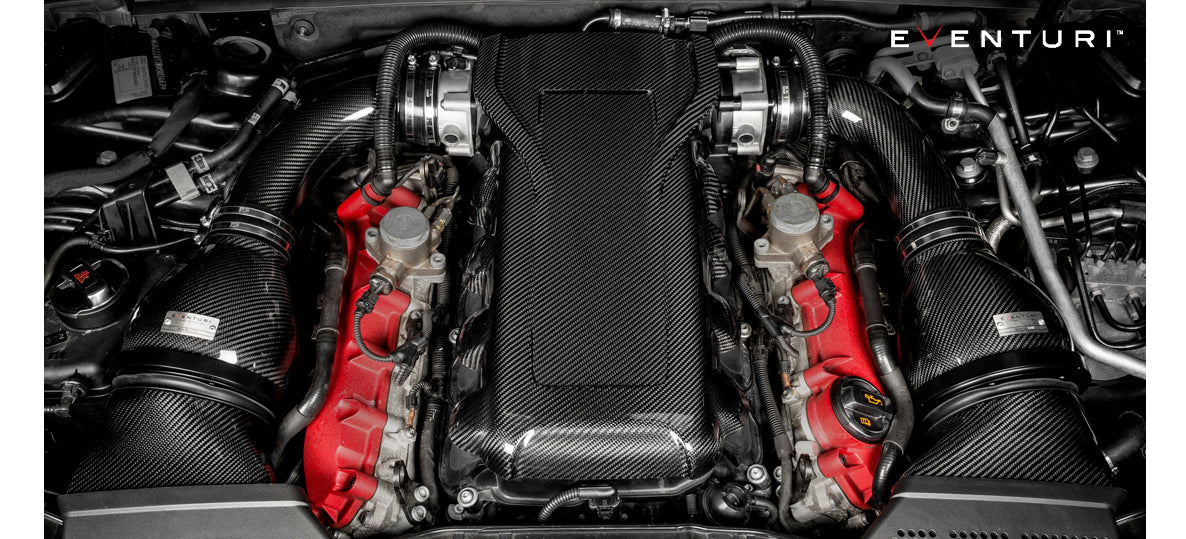 Eventuri - B8 RS4 RS5 Black Carbon Intake inside engine bay top view on Bolt Motorsports