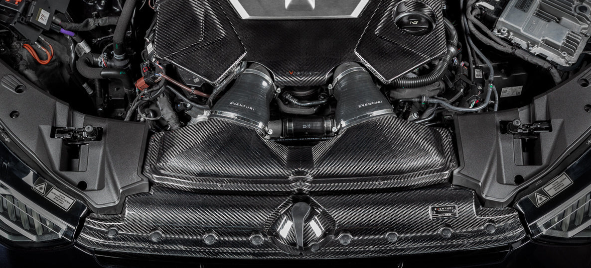 Eventuri - C8 RS6 RS7 Black Carbon Intake - GLOSS inside engine bay close up view on Bolt Motorsports