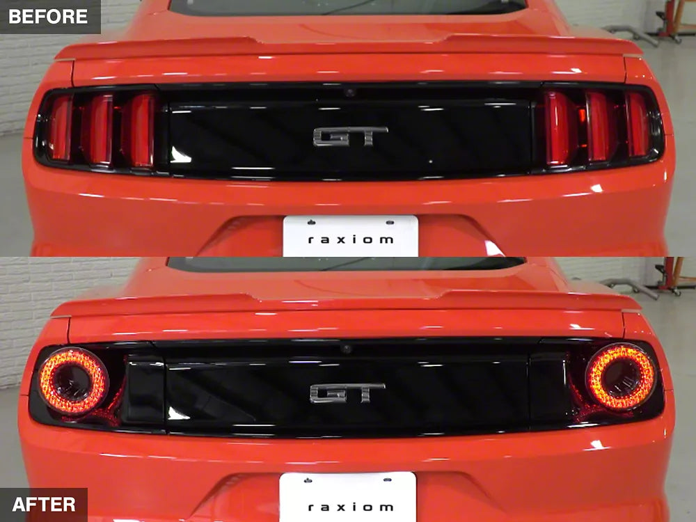 Raxiom 15-22 Ford Mustang Halo LED Tail Lights - Gloss Black Housing (Smoked Lens) before vs after on BOLT Motorsports