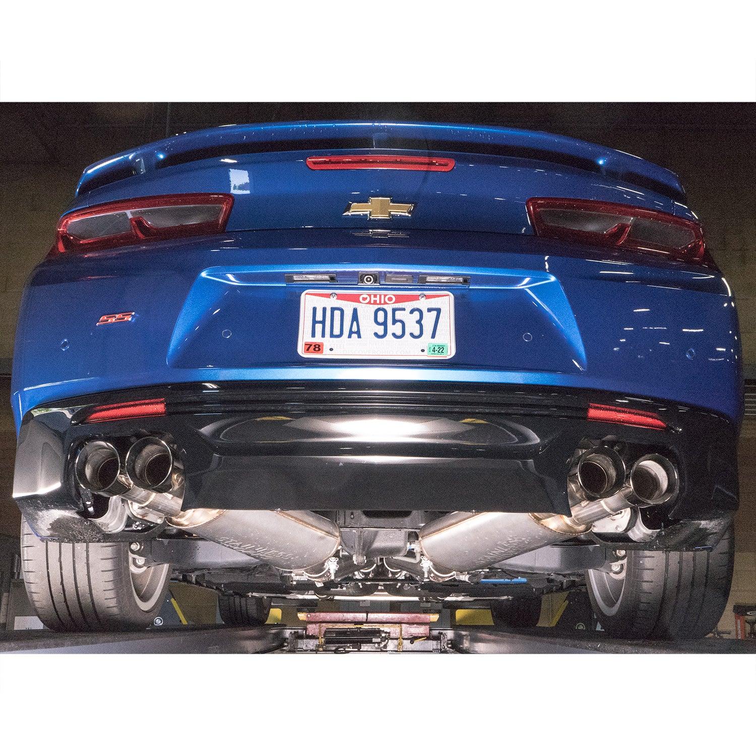 Stainless Works 16-21 Camaro SS 3in Redline Factory Connect Axle Back w/Valve - 4in Quad Black Tips installed rear view on BOLTMotorsports