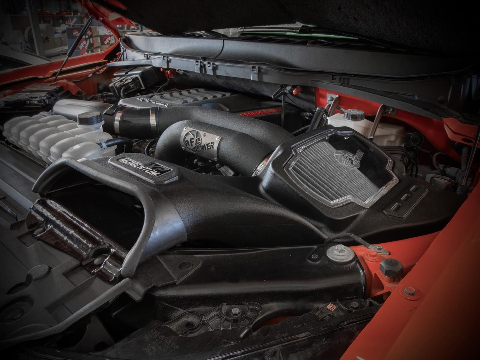 aFe - 21-22 Ford F-150 Raptor V6-3.5L(tt) Momentum XP Cold Air Intake System Blk w/ Pro Dry S Filter inside engine bay on Bolt Motorsports