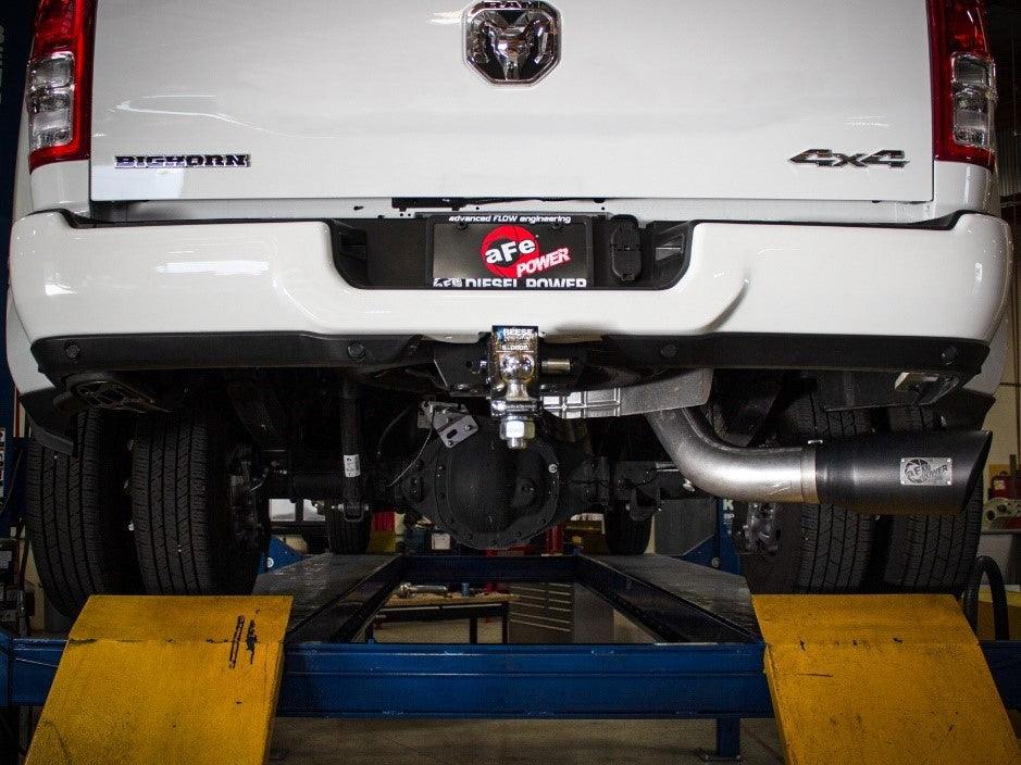 aFe ATLAS 5in DPF-Back Alum Steel Exhaust System w/ Black Tip 19-20 Ram Diesel Trucks L6-6.7L (td) installed rear view on Bolt Motorsports