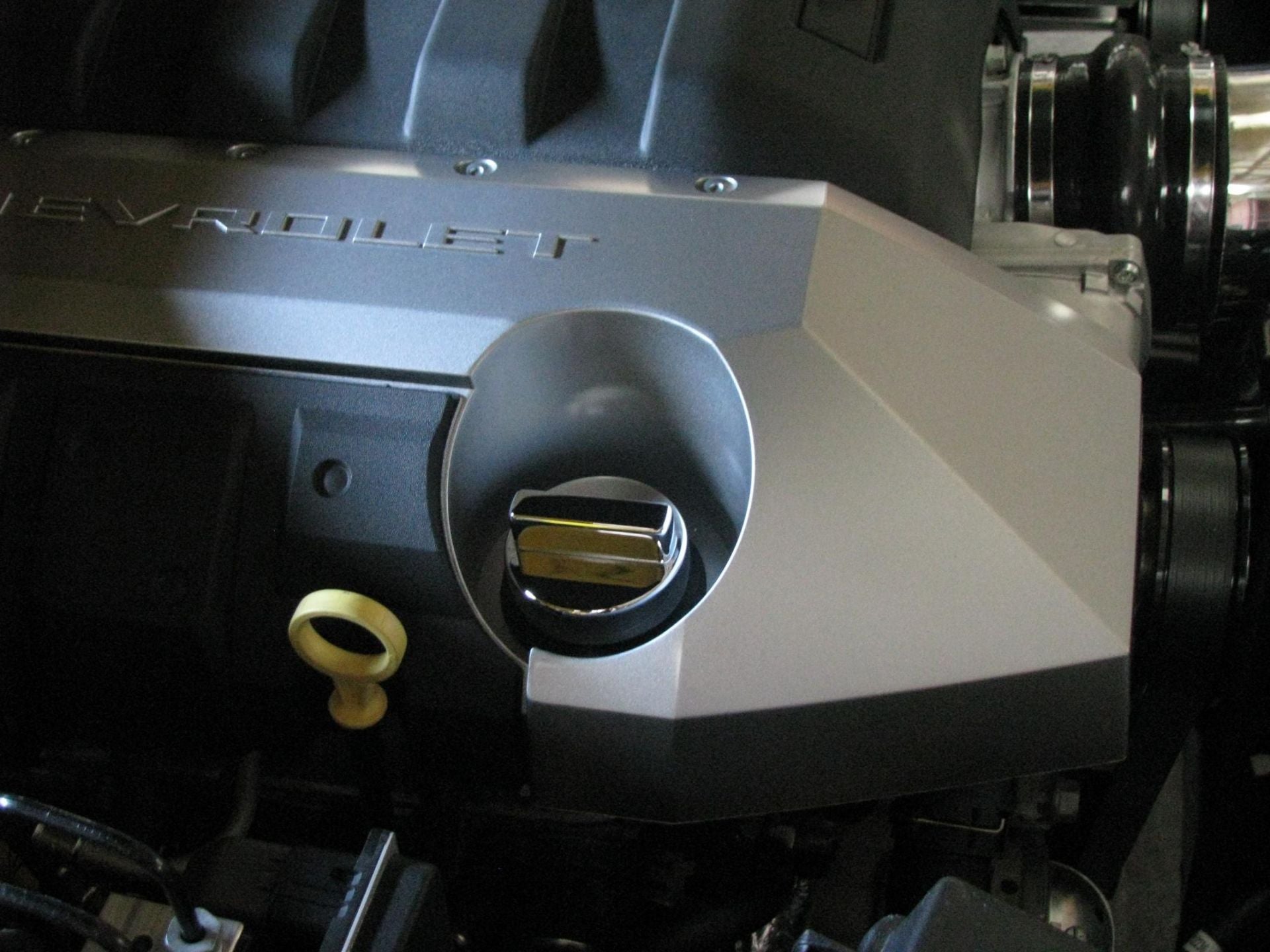 oil cap replacement billet aluminum bare inside engine bay on Bolt Motorsports