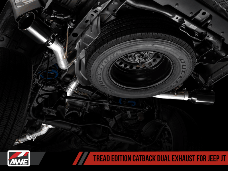AWE Tuning 20-21 Jeep Gladiator JT 3.6L Tread Edition Cat-Back Dual Exhaust - Diamond Black Tip - BOLT Motorsports