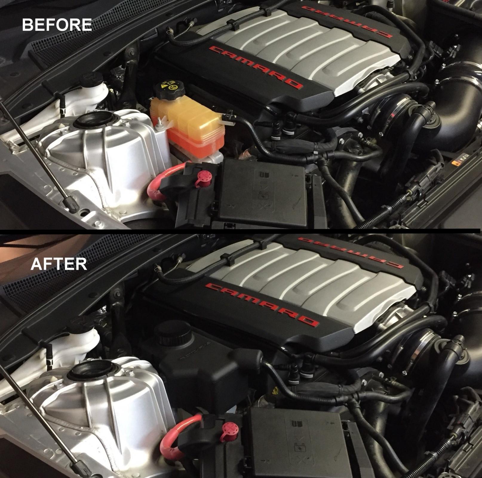 2016-23 Camaro Coolant Reservoir Cover inside engine bay front view before and after on Bolt Motorsports