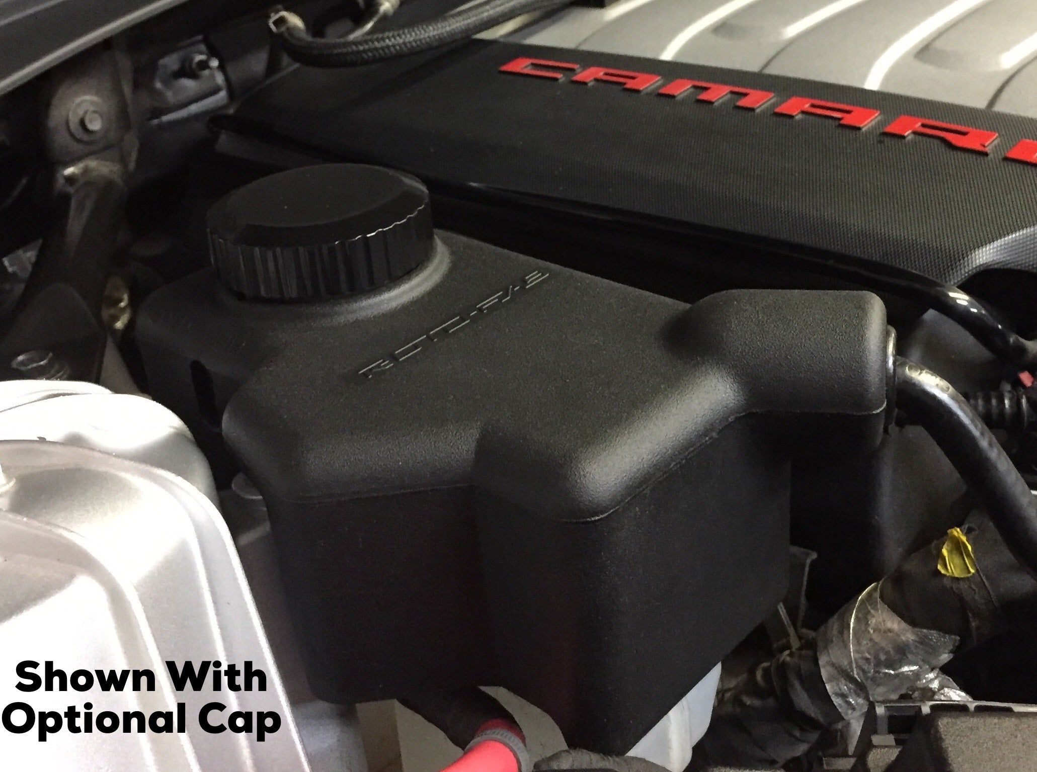 2016-23 Camaro Coolant Reservoir Cover inside engine bay side view on Bolt Motorsports