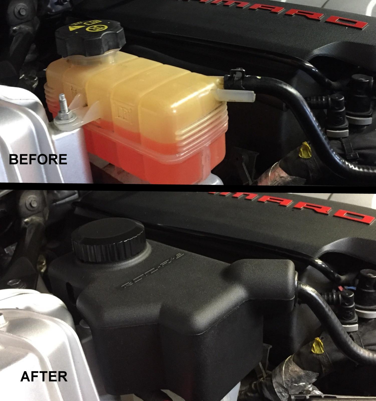 2016-23 Camaro Coolant Reservoir Cover inside engine bay side view before and after on Bolt Motorsports