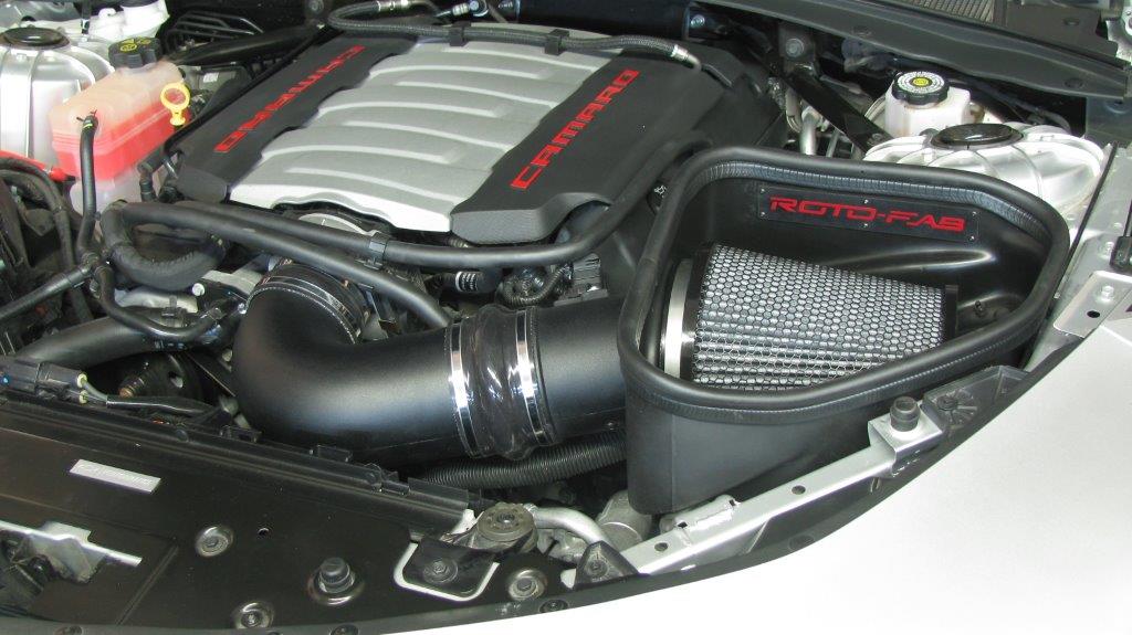 2016-24 Camaro SS With Sound Tube Delete Cold Air Intake With Dry Filter inside engine bay front view on Bolt Motorsports