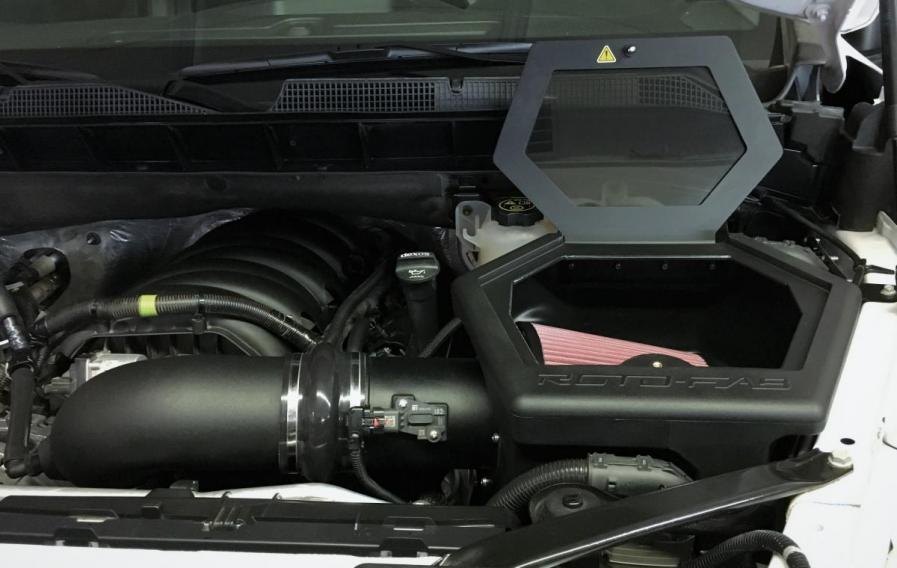 2021-23 Chevrolet Tahoe 6.2L Cold Air Intake inside engine bay open intake box on Bolt Motorsports