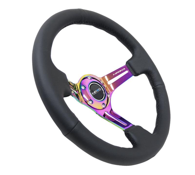 NRG Reinforced Steering Wheel (350mm / 3in. Deep) Blk Leather/Blk Stitch w/Neochrome Slits - BOLT Motorsports