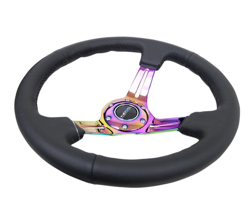 NRG Reinforced Steering Wheel (350mm / 3in. Deep) Blk Leather/Blk Stitch w/Neochrome Slits - BOLT Motorsports