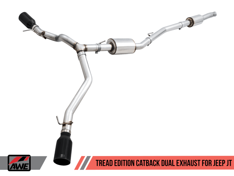 AWE Tuning 20-21 Jeep Gladiator JT 3.6L Tread Edition Cat-Back Dual Exhaust - Diamond Black Tip - BOLT Motorsports