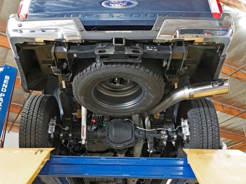 aFe ATLAS 5in DPF-Back Alum Steel Exhaust System w/Polished Tip 2017 Ford Diesel Trucks V8-6.7L (td) installed rear view on Bolt Motorsports