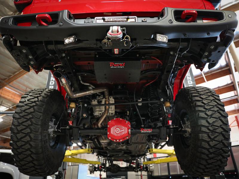aFe Apollo GT Series 2-1/2in 409 SS Cat-Back Hi-Tuck Exhaust System 2020 Jeep Gladiator (JT) V6-3.6L installed under car view on Bolt Motorsports
