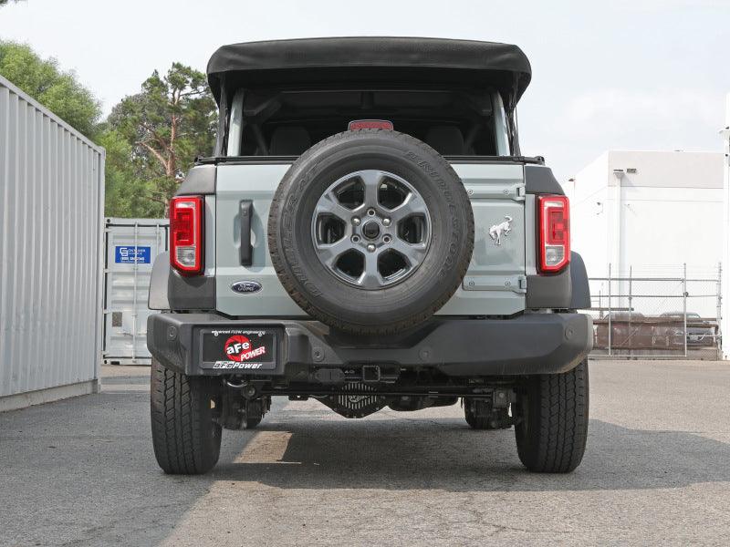 aFe Apollo GT Series 3in 409SS Cat-Back Ford Bronco 2021 L4 2.3L/V6 2.7L - Polished installed rear view on Bolt Motorsports