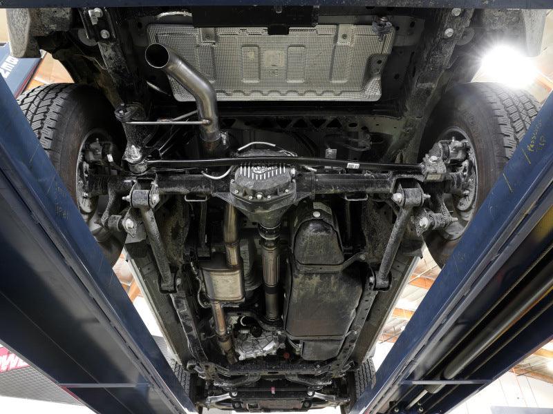 aFe Apollo GT Series 3in 409SS Cat-Back Ford Bronco 2021 L4 2.3L/V6 2.7L - Polished installed under car view on Bolt Motorsports