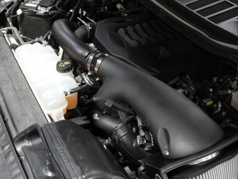aFe BladeRunner 21-22 Ford F-150 Ecoboost V6-3.5L(tt) Aluminum Hot and Cold Charge Pipe Kit Black inside engine bay on Bolt Motorsports