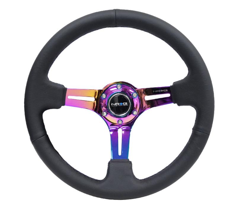 NRG Reinforced Steering Wheel (350mm / 3in. Deep) Blk Leather/Blk Stitch w/Neochrome Slits - BOLT Motorsports