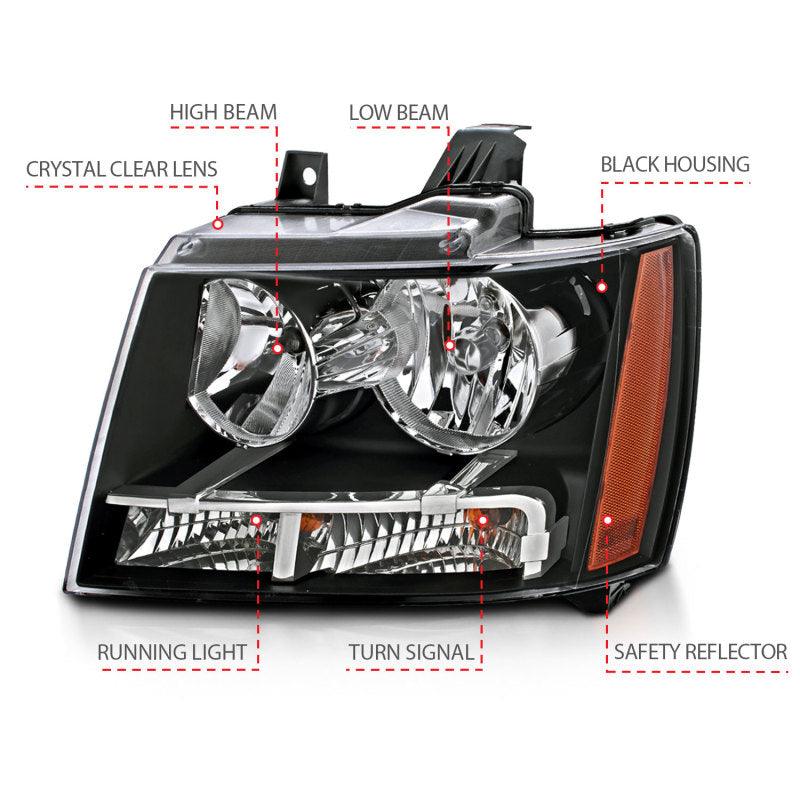 ANZO 2007-2014 Chevrolet Tahoe/Suburban Crystal Headlights Black - BOLT Motorsports